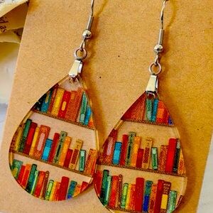 Teacher Colorful Bookshelf Teardrop Acrylic Earrings, NWOT